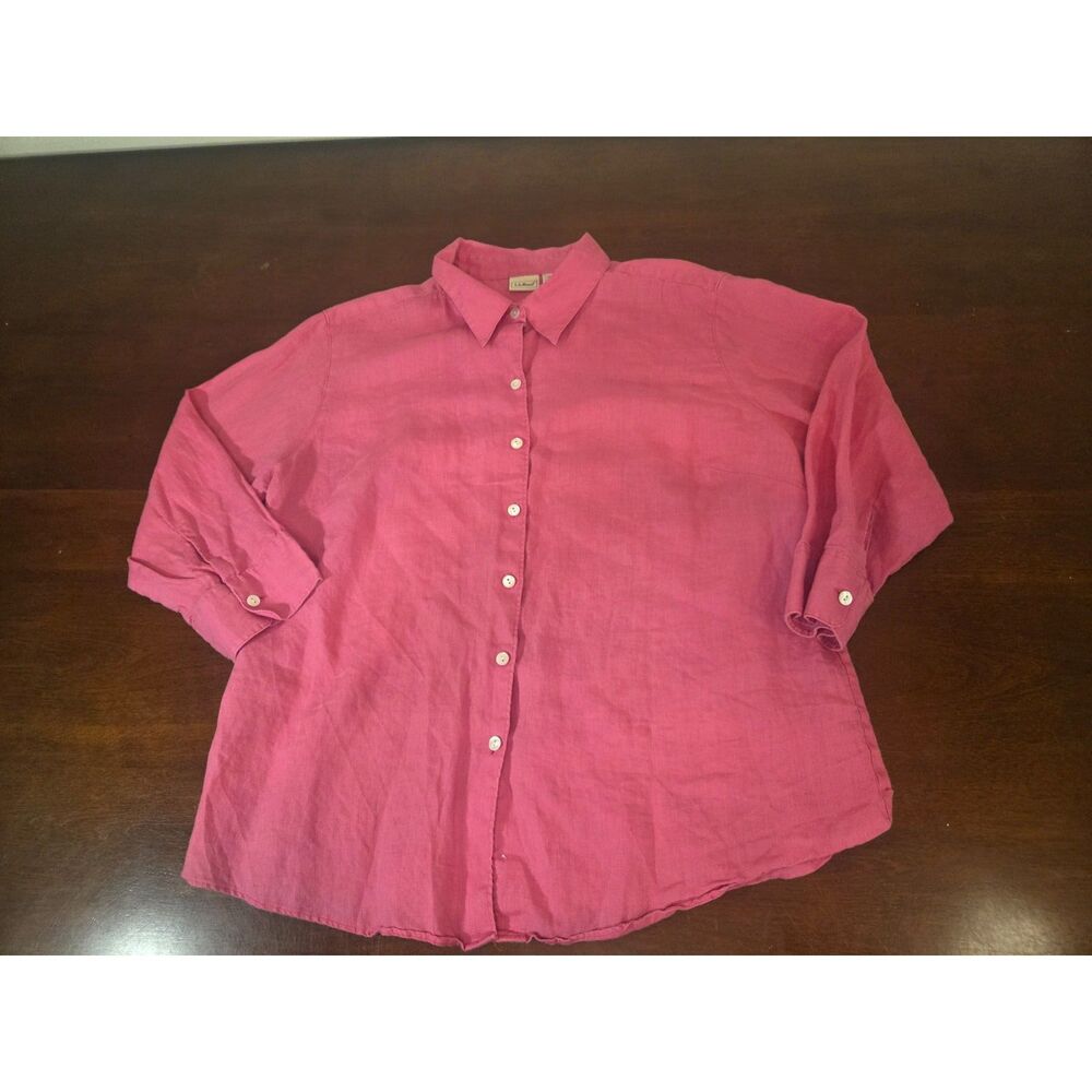 ​LL Bean Womens Large Pink 100% Linen Button Up Shirt Blouse Long Sleeve Top